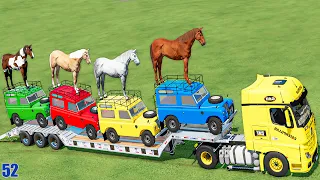 TRANSPORT OF COLORS! BIG HORSES vs LAND ROVER! TRANSPORTING ANIMAL LOADED CARS! Farming Simulator 22