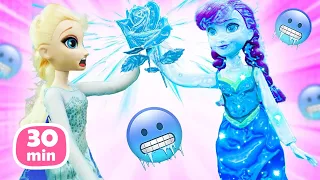 Historinha infantil com a boneca Anna e a boneca Elsa. Uma rosa congelante. Vídeo para meninas.