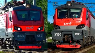 Встреча двух электровозов ЭП20-067 и ЭП20-063 со скорыми двухэтажными поездами на станции Люберцы 1
