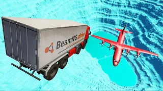 Throwing Cars At Airplane Frozen Leap Of Death -  BeamNG.Drive