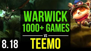 WARWICK vs TEEMO (JUNGLE) | 1000+ games, KDA 16/2/3, Legendary | NA Master | v8.18
