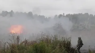 Disguised 152 mm self-propelled howitzers 2S3 "Akatsiya" fire