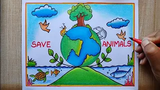 Save Environment Poster drawing  |Save earth  Save Animals Poster Drawing | Save Nature Drawing