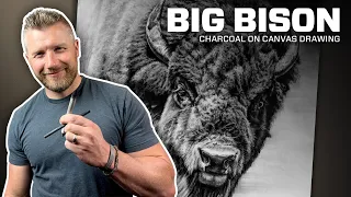 Drawing a Big Bison with Charcoal on Canvas