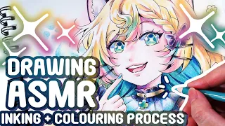 Drawing ASMR | Inking+ Colouring Process| Real Time & No Talking!