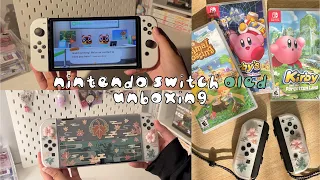 Unboxing Nintendo Switch OLED in 2024 ꒰ cute accessories, playing acnh, kirby games ꒱