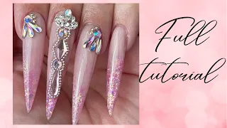 Nail tutorial Long stiletto acrylic nails | glitter layers | ombré | bling