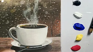 Rainy day Cup of Coffee Acrylic Painting / Calming and relaxing artistry / Acrylic painting ideas