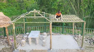 Building a bamboo cabin, make swing and bamboo chair for relax | Alone built stone castle