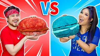 DESAFIO VERMELHO VS AZUL - 24 HORAS SÓ COMENDO COMIDA DE UMA COR | Jeru e Cheru