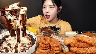 SUB)엽떡 신메뉴 짜장떡볶이 먹방! 오징어튀김 새우튀김 치즈튀김에 오돌뼈밥까지 꿀조합 리얼사운드 Jjajang Tteokbokki Mukbang Asmr