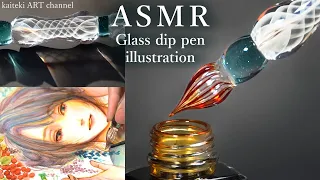 [ENG Sub]🍁SOUND and DRAWING by a beautiful glass dip pen✒ a Girl & Leaves, Autumn illustration