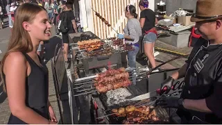 Huge Pork Skewers and Ribs on Fire. Grilled and Tasted. Ukrainian Street Food