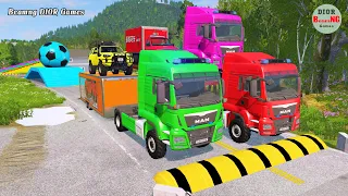 Double Flatbed Trailer Truck vs speed bumps|Busses vs speed bumps|Beamng Drive|722