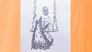 How to draw a traditional Girl with saree | Saree Drawing | Easy drawing | girl  swinging drawing