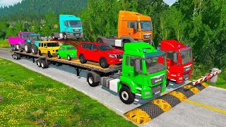 Double Flatbed Trailer Truck vs speed bumps|Busses vs speed|bumpsBeamng Drive|18