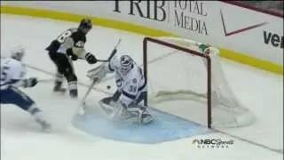 Lindback stops the puck on the goal line vs Penguins