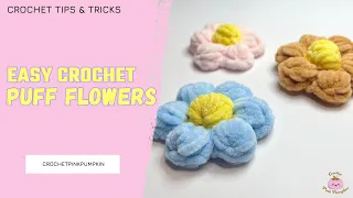 Crochet puff FLOWER - EASY tutorial - @Hobbiicom CHENILLE yarn #crochetflower