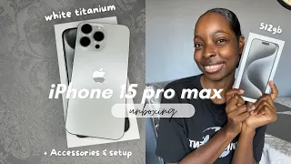 iPhone 15 pro max unboxing (white titanium) + accessories & setup