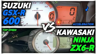 KAWASAKI NINJA ZX6R VS SUZUKI GSXR 600 WHICH ONE IS FASTER?  | SOUNDS TOP SPEED ACCELERATIO