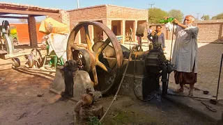 Starting old black engine working with wood cutter machine amazing || @culturepunjabda