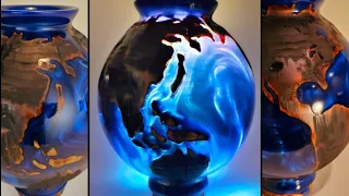 "Night Earth" Resin and Wood Vase, wood turning, lathe project by Dan Preece.  Resin Art Concept.