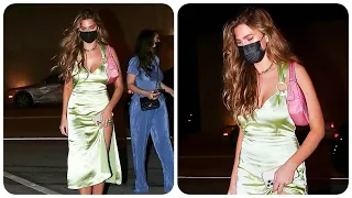 Kara Del Toro wears a green silk gown as she steps out for a late dinner at Craig’s