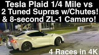 Plaid 1/4 Mile vs TWO Big-Boost Supras w/Chutes! 8-Sec ZL-1 Camaro! Greg’s COPO! Fox! 4 Races in 4K!