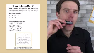 Brass-style blues shuffle riff harmonica lesson (on Bb harp)