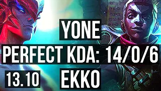 YONE vs EKKO (MID) | 14/0/6, Legendary, 6 solo kills, 300+ games | KR Master | 13.10