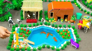 DIY tractor Farm Diorama with mini house for animals | small lake with goldfish, red fruit tree #30