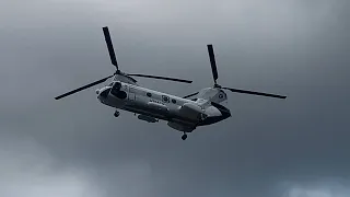 Columbia Helicopters Boeing Vertol 107-ll “Sea Knight” on finals and hovering to land runway 27