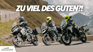Ducati V4 Rally, BMW GS Adventure und Triumph Tiger 1200 Explorer - die 30 Liter-Fässer in den Alpen