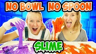 SCHLEIM OHNE SCHÜSSEL & LÖFFEL CHALLENGE - No Bowl No Spoon Slime -Nina + Kathi machen alles dreckig