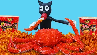 MUKBANG Korean Ramyun with King Crab | Cartoon Cat In Real Life