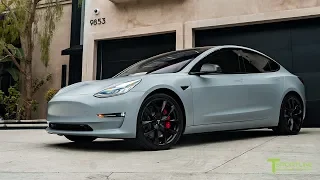 Performance Model 3 goes Satin Battleship Gray with NEW Gloss Carbon Fiber Executive Trunk Wing