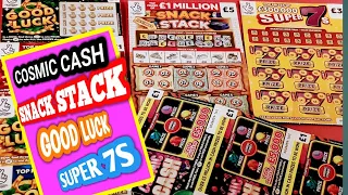 SCRATCHCARDS........SNACK STACK....GOOD LUCK....SUPER 7s.....COSMIC  CASH...CARDS...