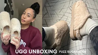 BEFORE YOU BUY WATCH THIS... UGG FUZZ SUGAR SLIDE UNBOXING TRY ON REVIEW