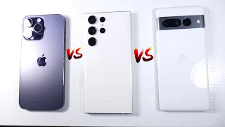 S23 Ultra VS Pixel 7 Pro VS IPhone 14 Pro Max In 2023! (Display, Speakers & Cameras)