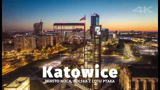 KATOWICE nocą z lotu ptaka | Spodek, Muzeum Śląskie, Filharmonia Śląska [4K]