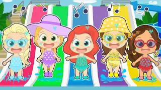 FIVE LITTLE BABIES 👸🎢 Princesses on Swim pool Slides