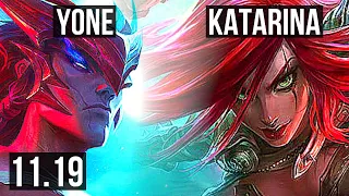 YONE vs KATARINA (MID) | 7 solo kills, 700+ games, 15/4/15, Dominating | BR Diamond | v11.19