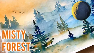 MISTY FOREST easy Watercolor PAINTING Tutorial SUNRISE