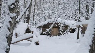 hiding in  cozy dugout during a snow storm , overnight stay in bushcraft shelter