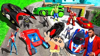 Shinchan and Franklin Collecting SUPERHERO CARS in GTA 5 | Shinchan Stolen Avengers Cars (Hindi)