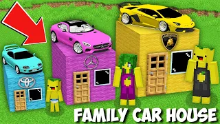 My family BUILD SUPERCARS HOUSE in Minecraft ! VEHICLE BASE !