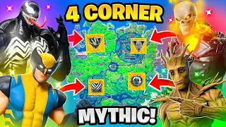 Fortnite 4 Corner Boss Mythic Challenge! Venom, Groot, Wolverine, Ghost Rider Vault KeyCard