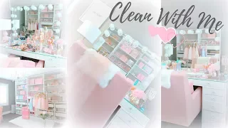 CLEAN AND ORGANIZE MY BEAUTY ROOM AND MAKEUP VANITY WITH ME!☕️👑💕 SLMissGlam☕️💕