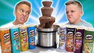 GIANT CHOCOLATE FOUNTAIN Game with HUGE PRINGLES CHIP SURPRISE | Candy Surprise Egg Hunt