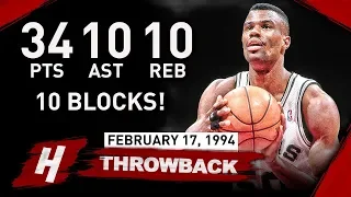 David Robinson EPIC Quadruple Double Full Highlights vs Pistons 1994.02.17 - MAKES HISTORY!